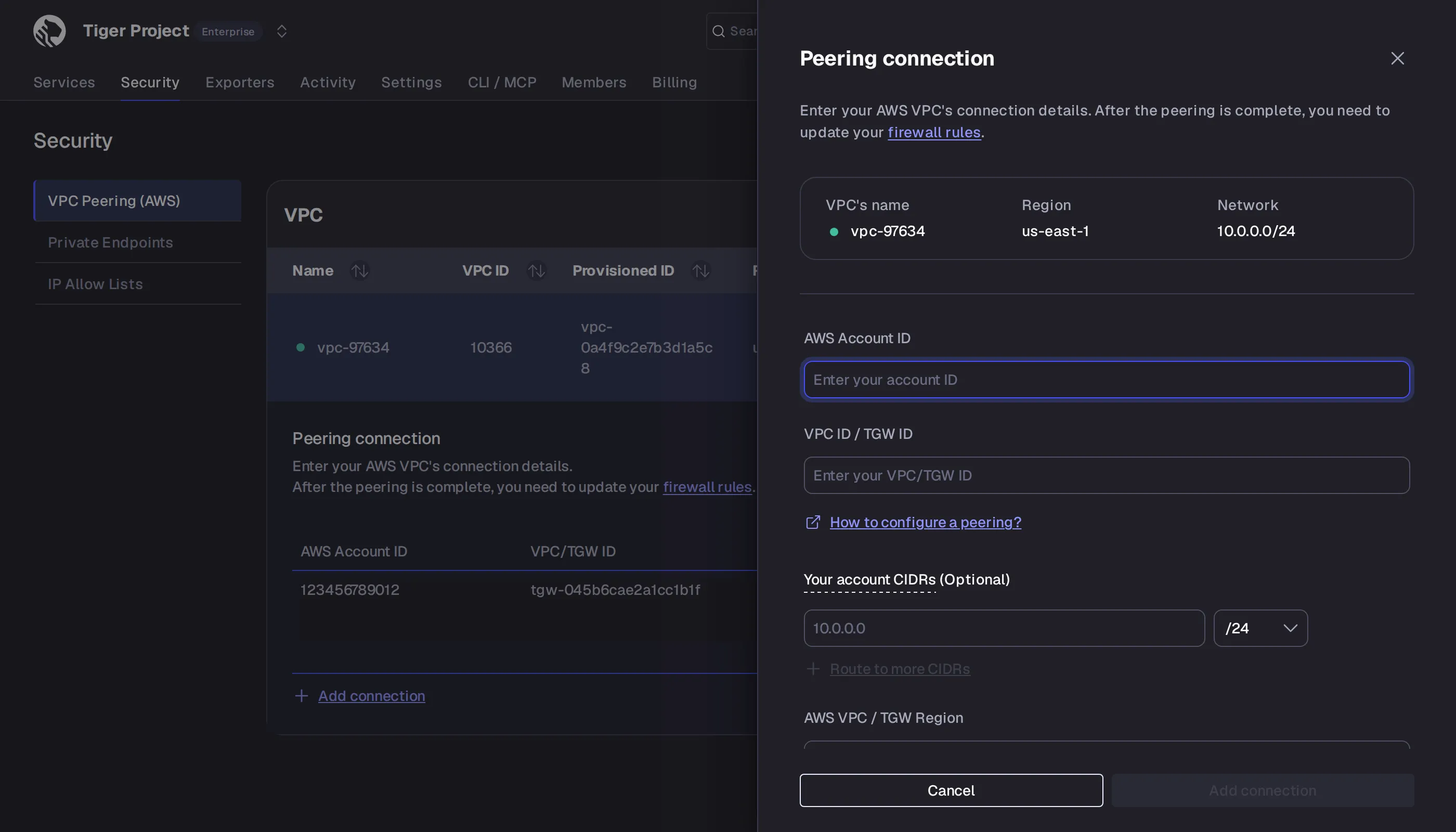 Adding a peering connection with AWS account details