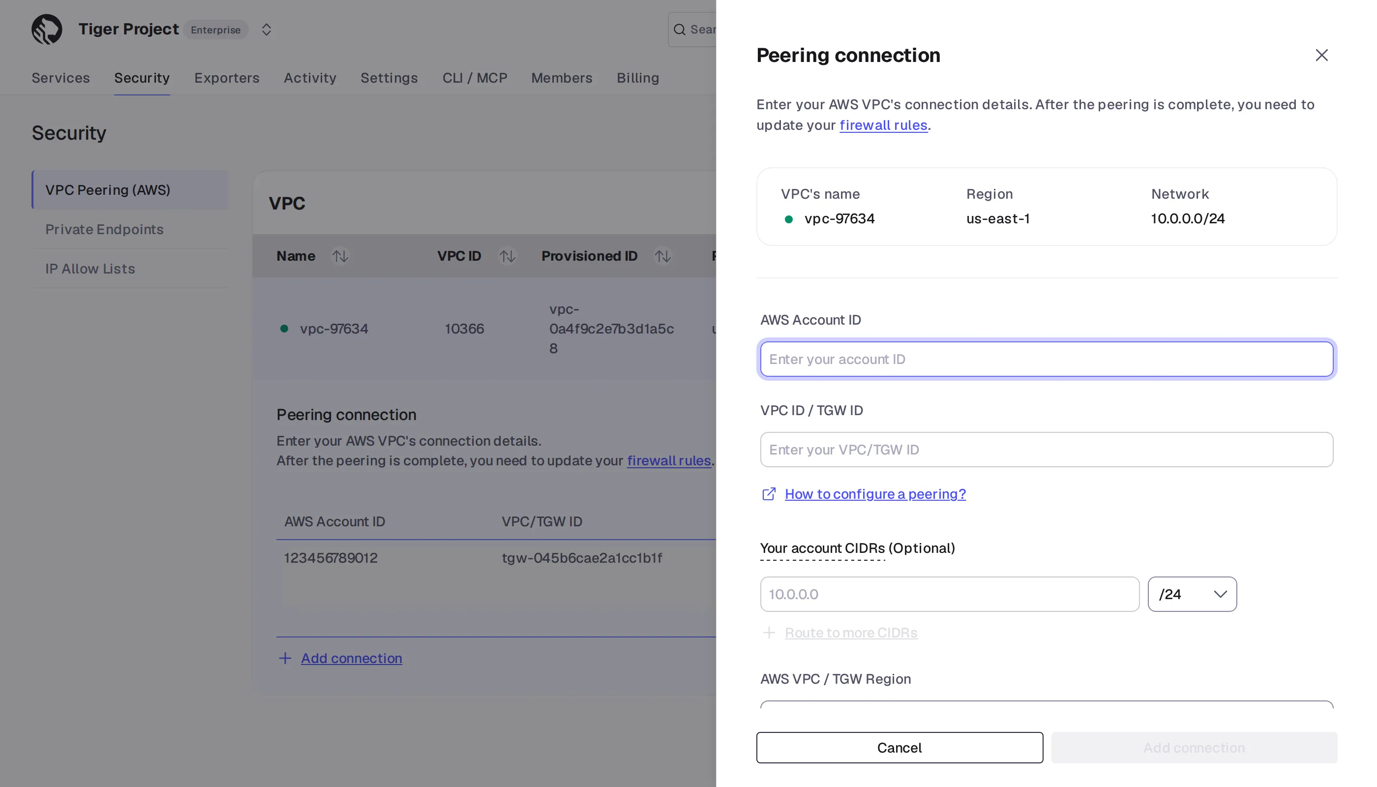 Adding a peering connection with AWS account details