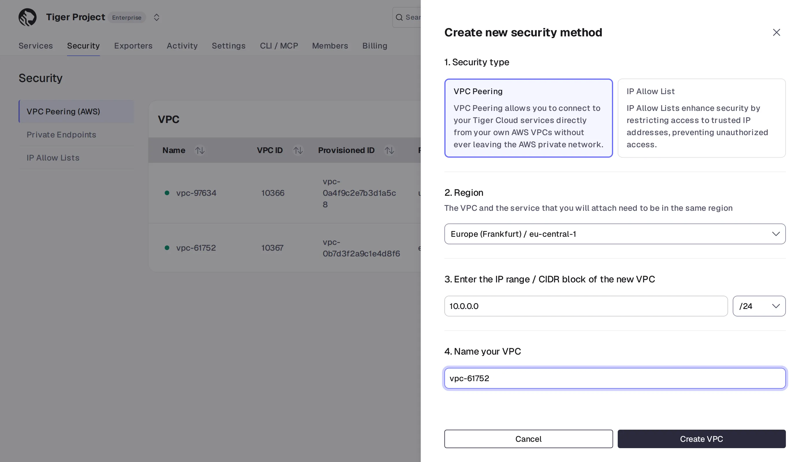 Configuring VPC region, IP range, and name