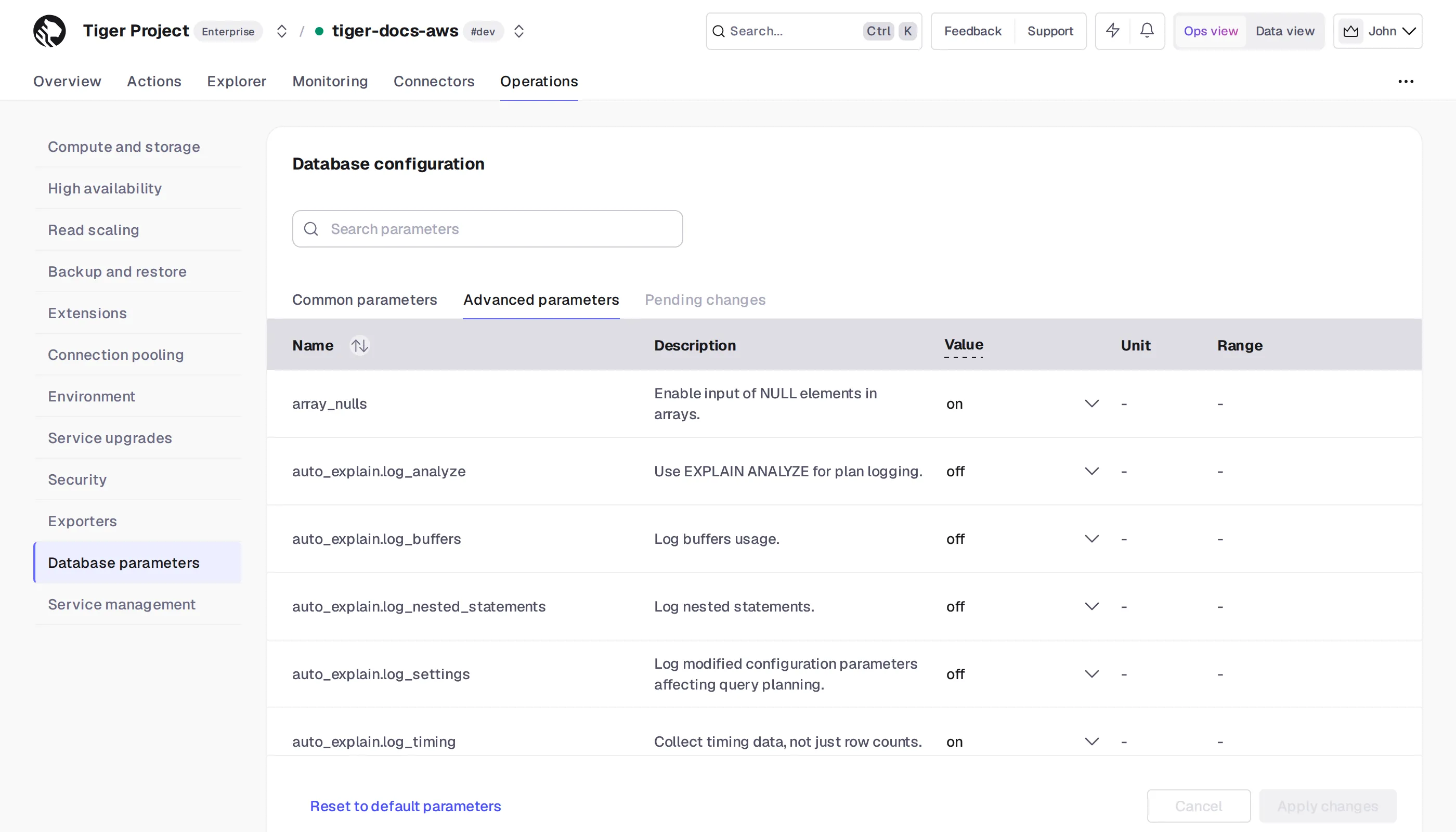 Database configuration advanced parameters