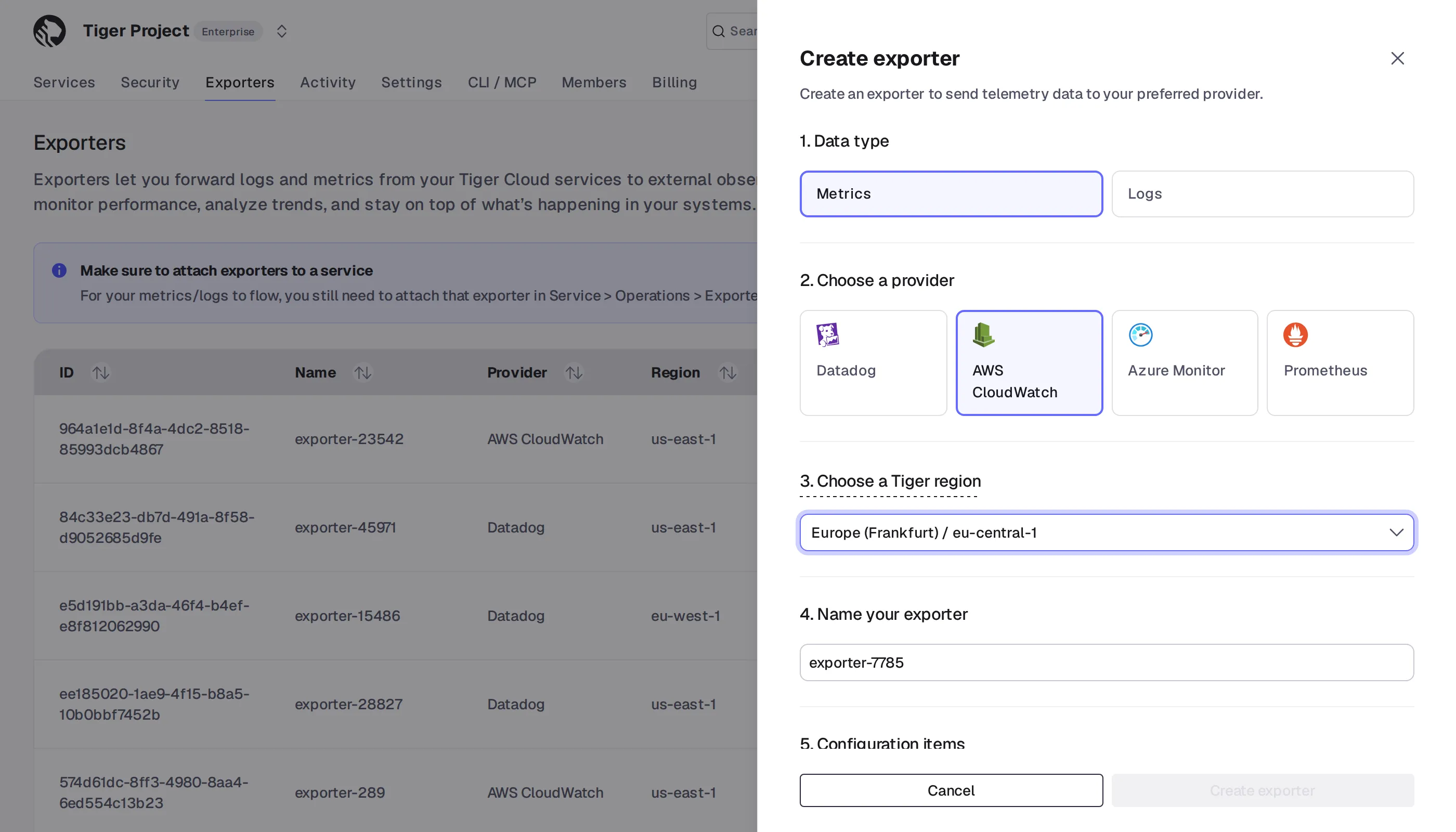 Adding a CloudWatch data exporter in Tiger Console