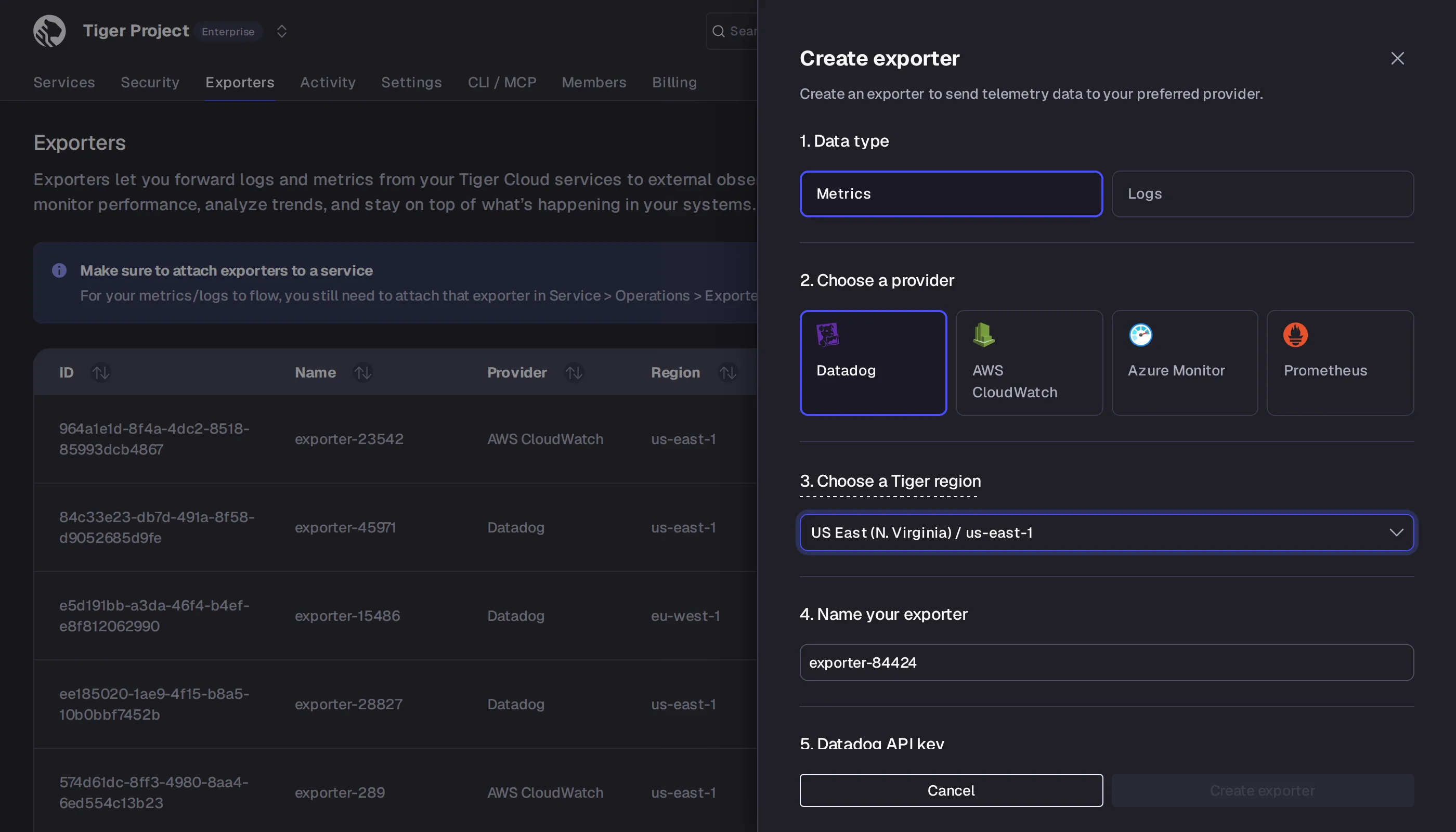 Adding a Datadog exporter in Tiger Console