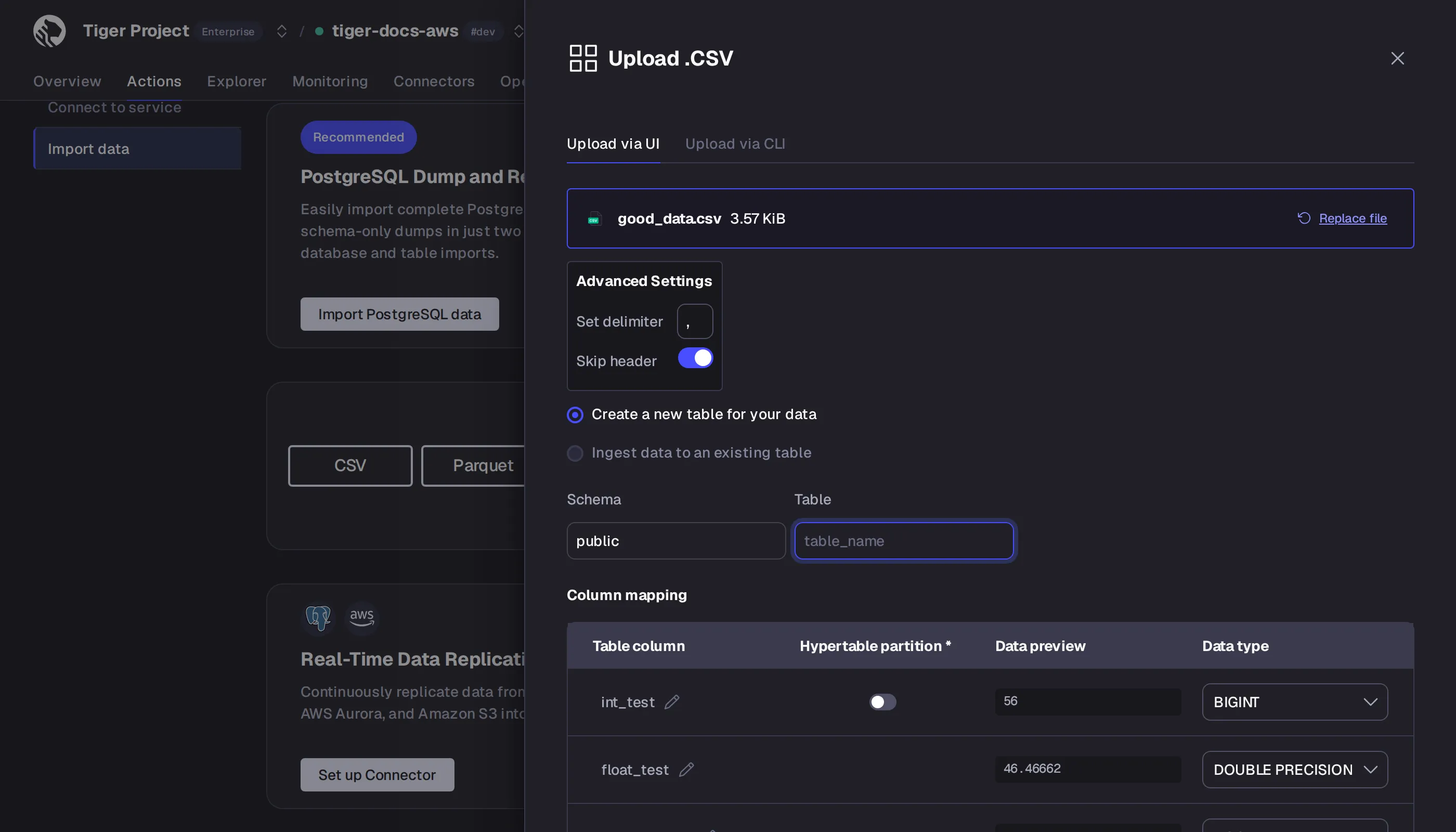 Configuring CSV file import settings in Tiger Console