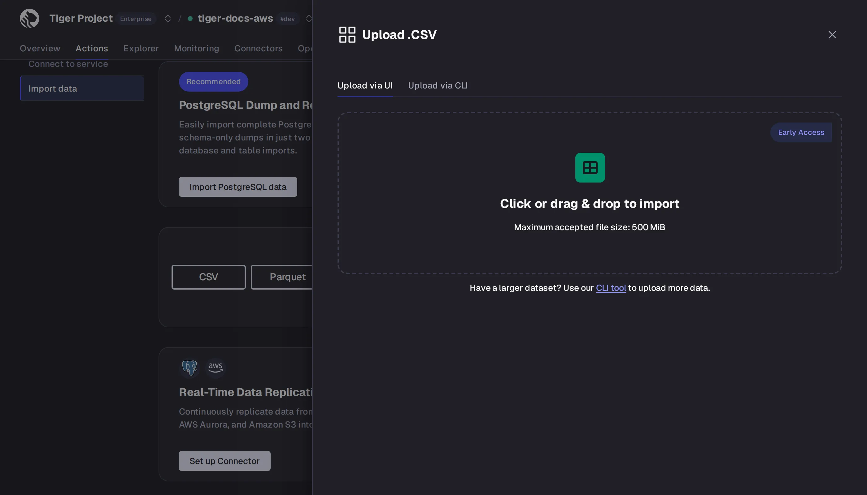 Uploading a CSV file in Tiger Console