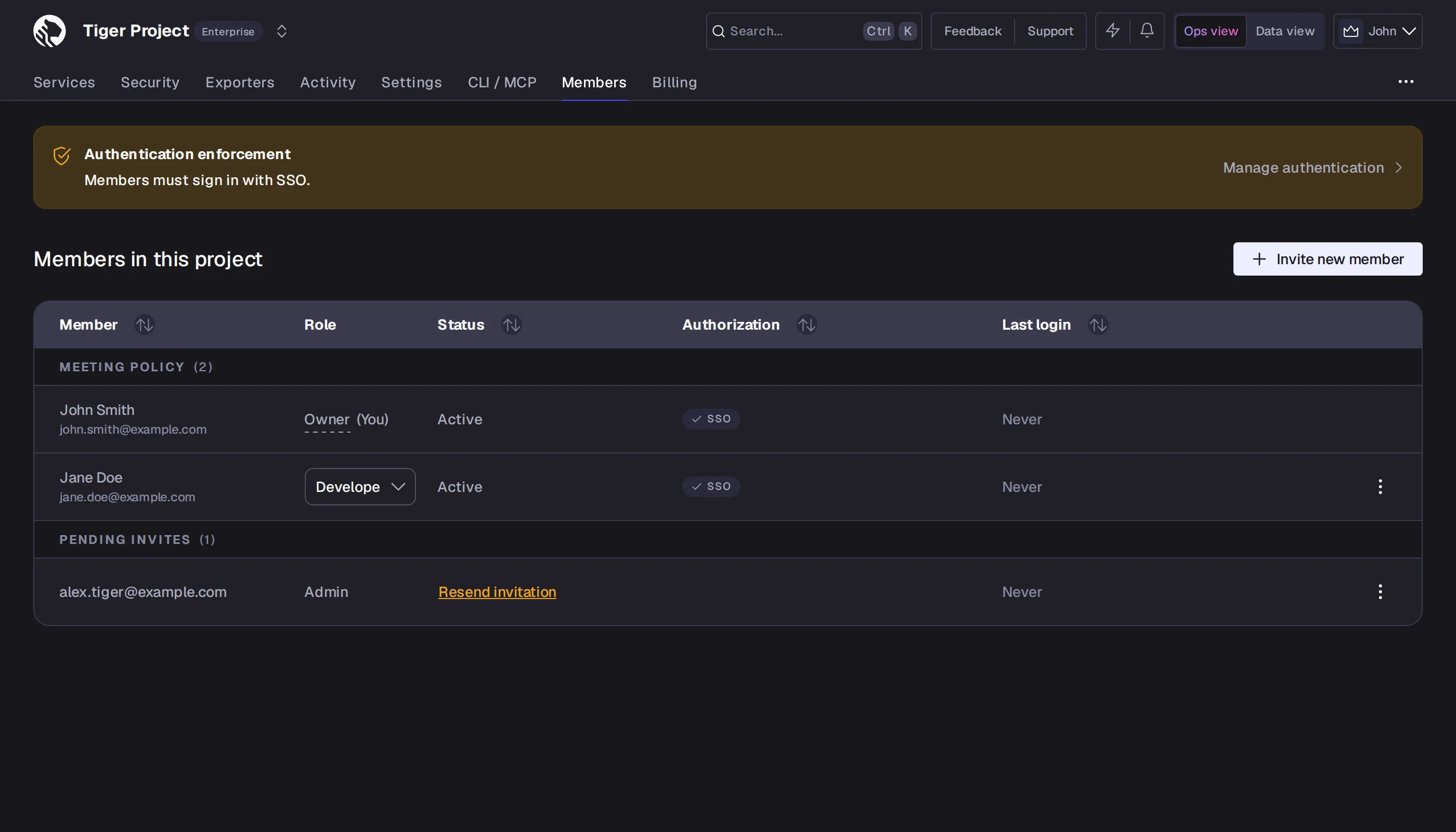 Members page in Console, showing the authentication enforcement banner and members grouped by policy compliance