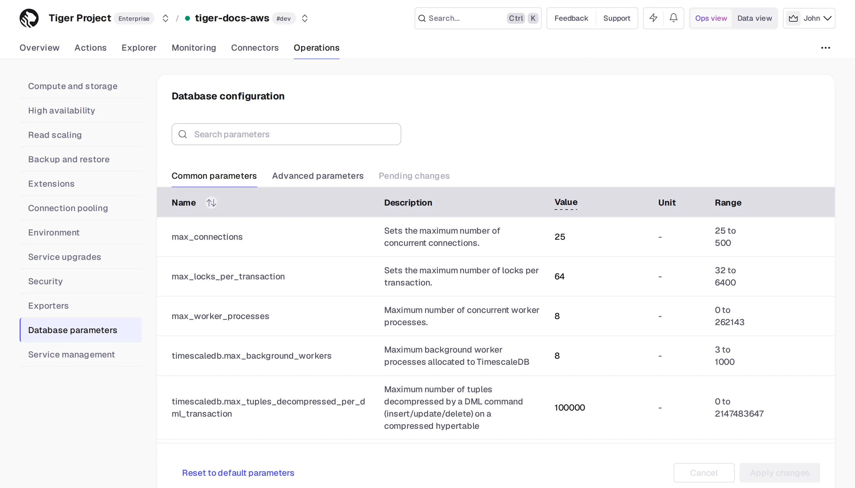 Database configuration parameters